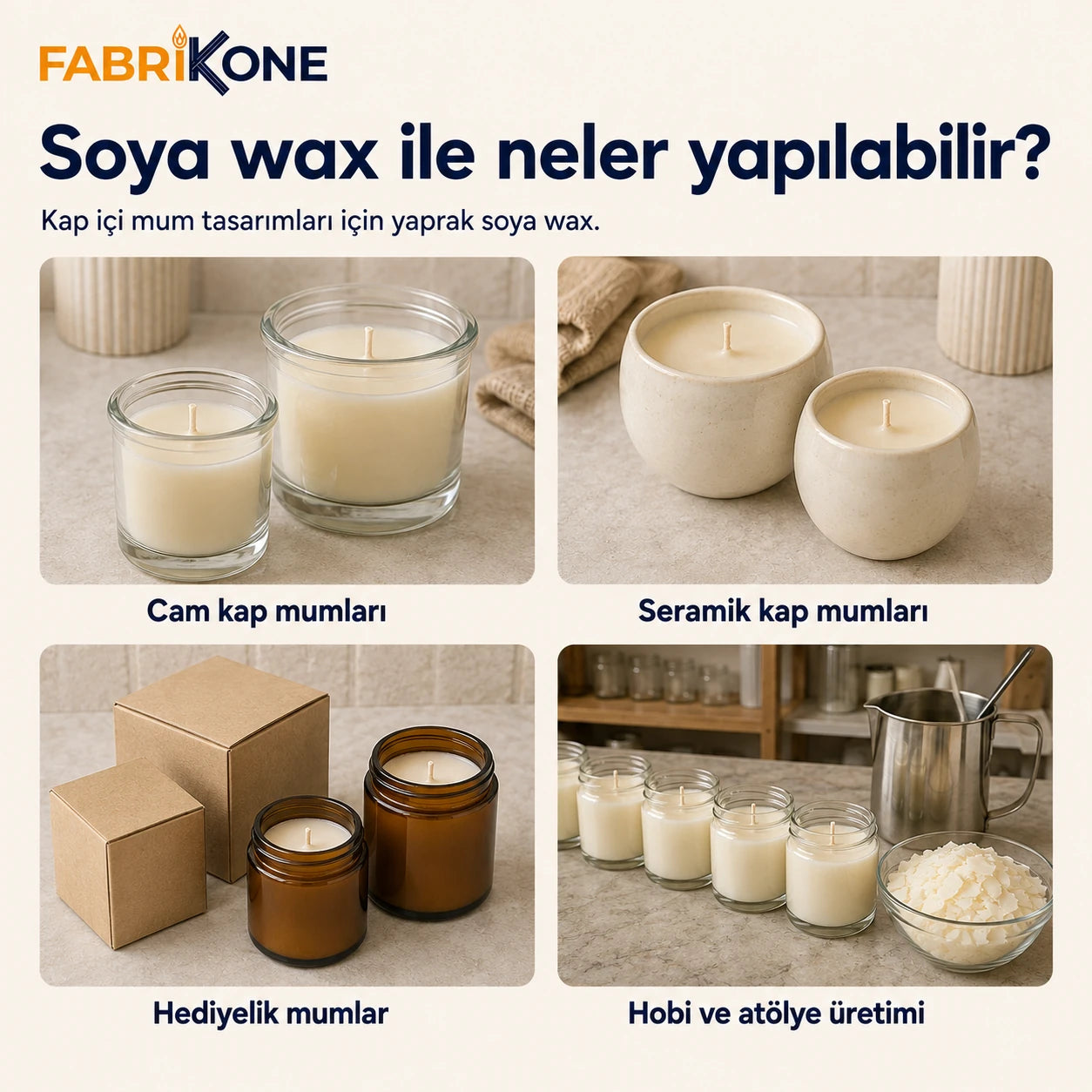 Yaprak soya wax kullanım alanları: cam ve seramik kap mumları, hediyelik ve atölye üretimi