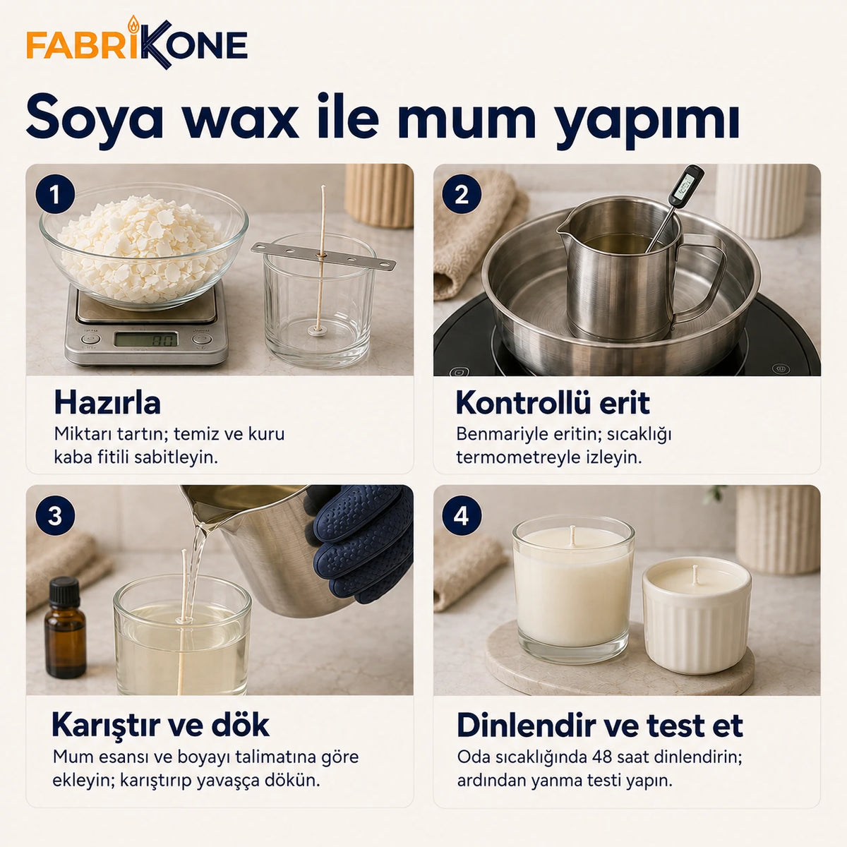 Yaprak soya wax ile mum yapımı: hazırlama, kontrollü eritme, döküm ve dinlendirme