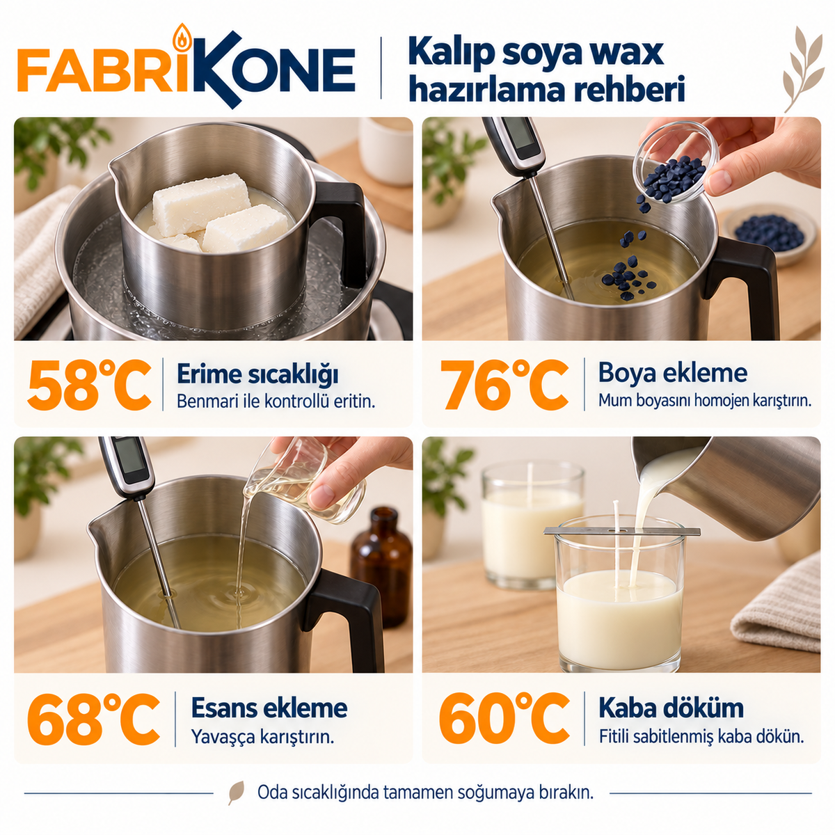 Kalıp soya wax hazırlama: 58°C erime, 76°C boya, 68°C esans ekleme ve 60°C kaba döküm