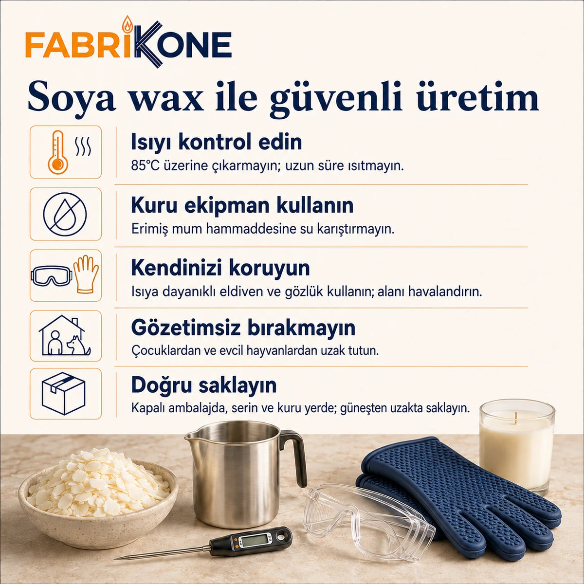 Soya wax güvenli kullanım ve saklama: sıcaklık kontrolü, kuru ekipman ve koruyucu eldiven