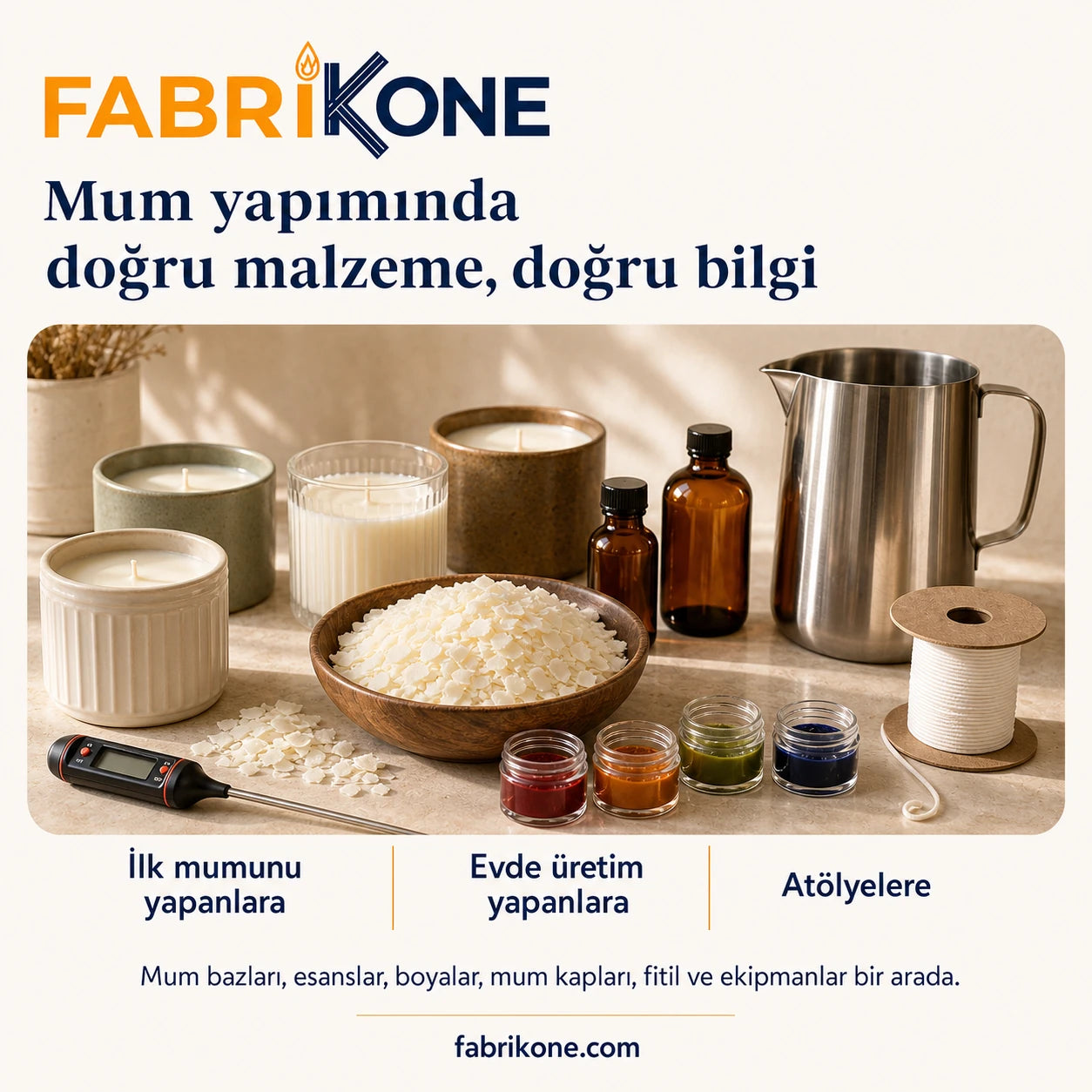 Fabrikone mum yapım malzemeleri: soya wax, mum esansları, boyalar, kaplar, fitil ve ekipman