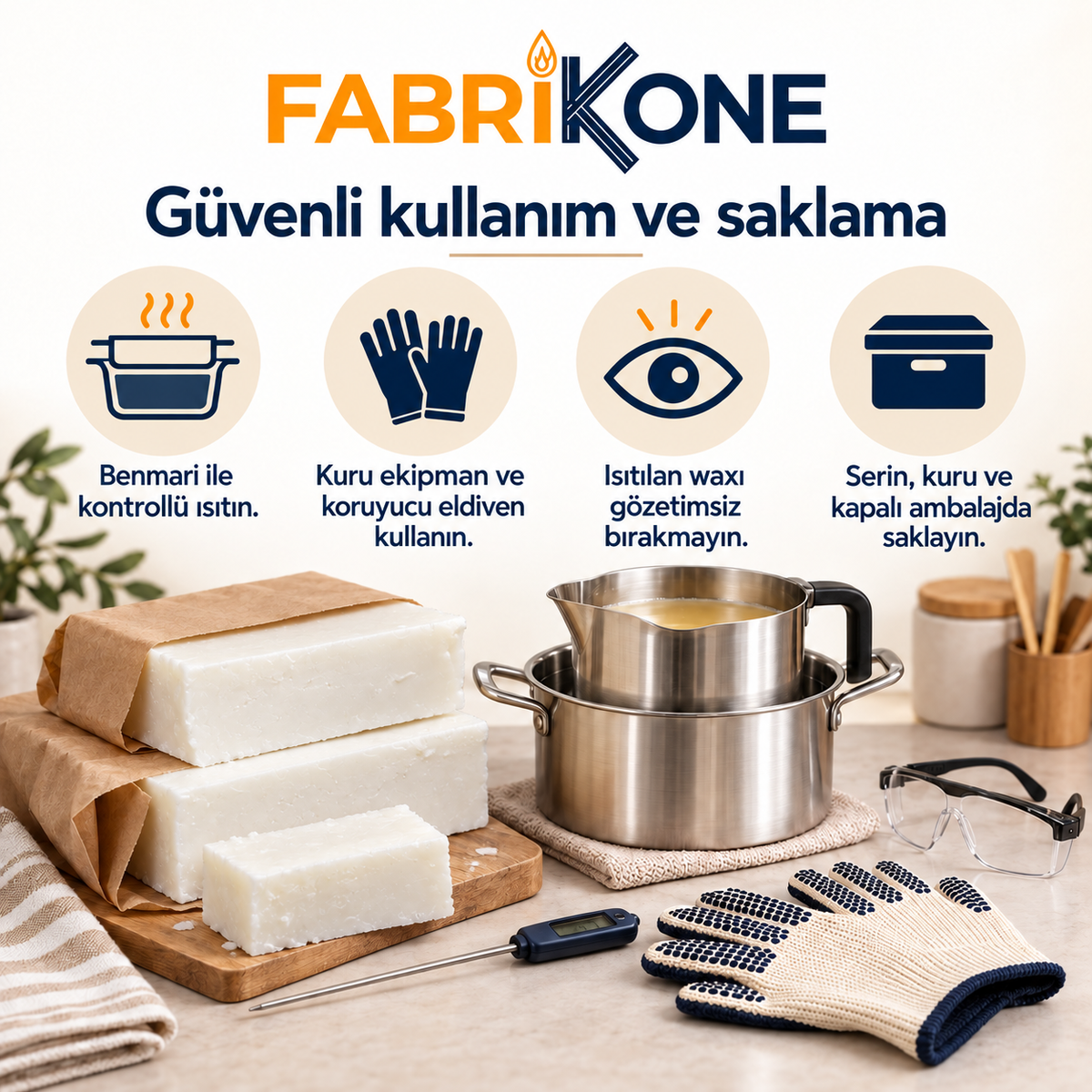 Kalıp soya wax güvenli kullanım ve saklama: kontrollü benmari ısıtma, kuru ekipman ve kapalı ambalaj