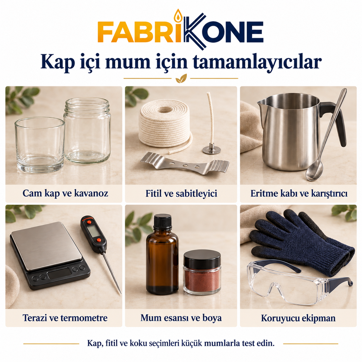 Kap içi mum için cam kap, fitil, eritme kabı, terazi, termometre, esans, boya ve koruyucu ekipman