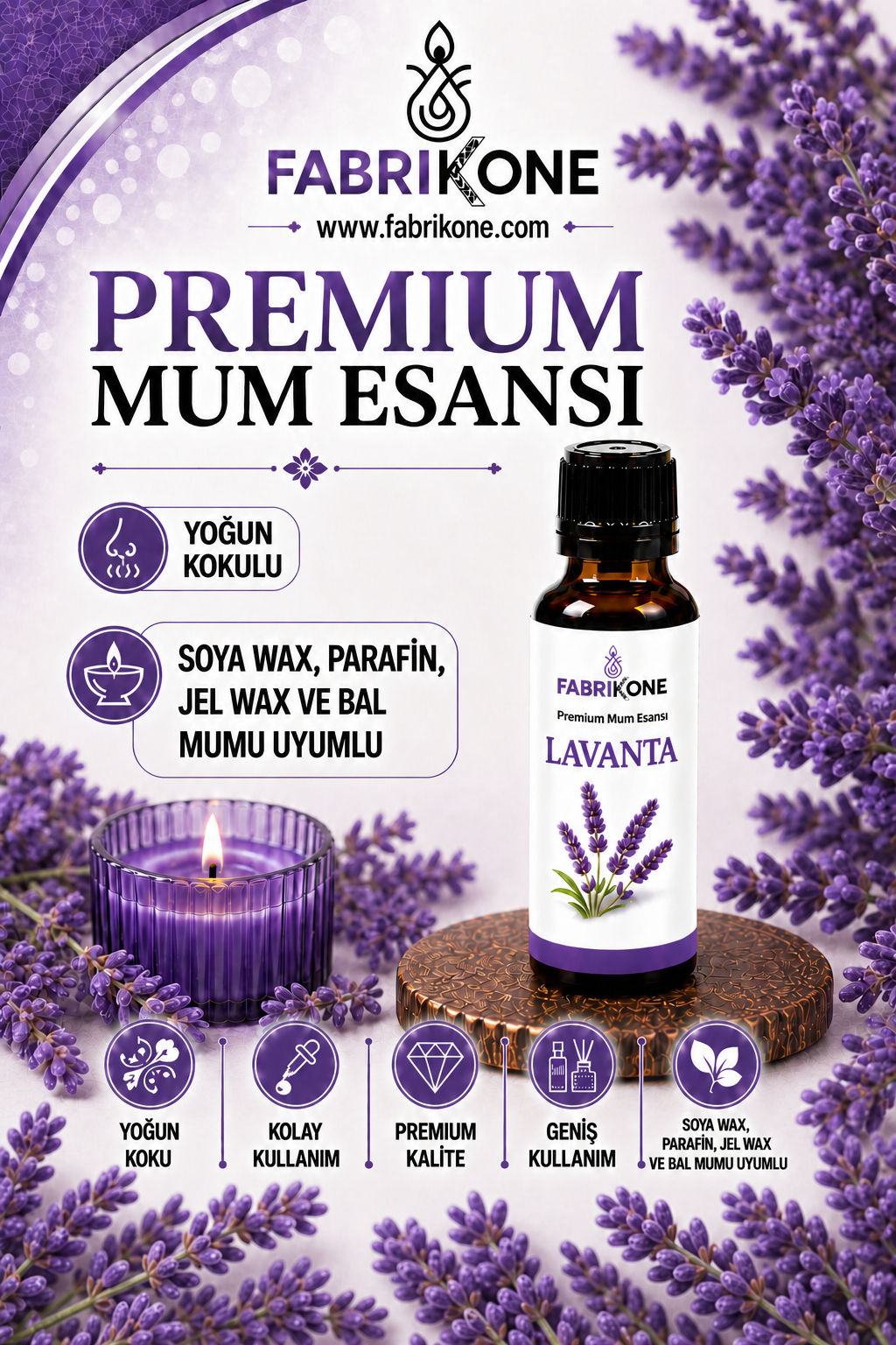 Lavanta Premium Mum Esansı - Soya Wax, Parafin, Jel Wax ve Bal Mumu Uyumlu