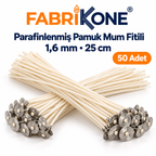 Fabrikone 1,6 mm parafinlenmiş pamuk mum fitili – 25cm 50 adet