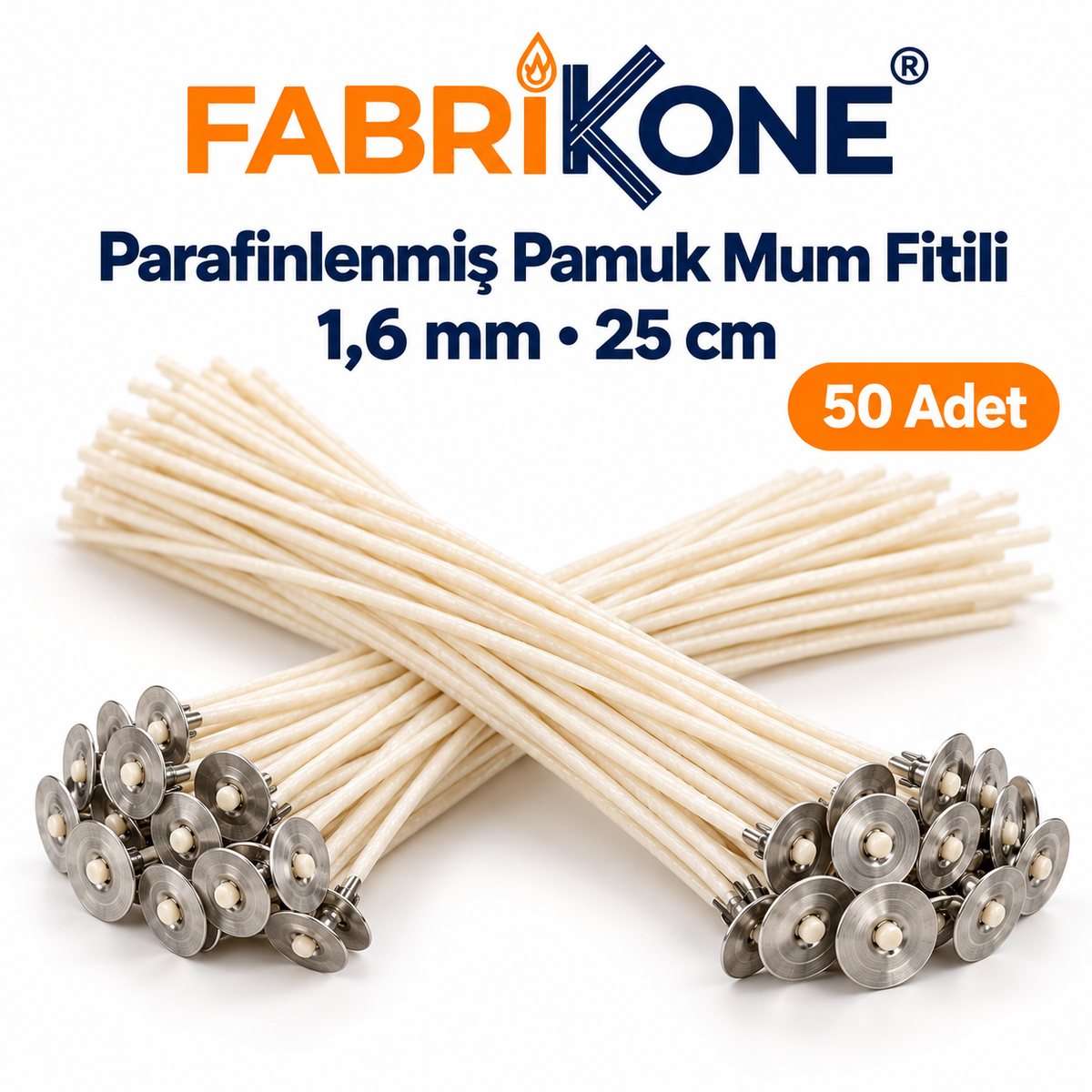 Fabrikone 1,6 mm parafinlenmiş pamuk mum fitili – 25cm 50 adet