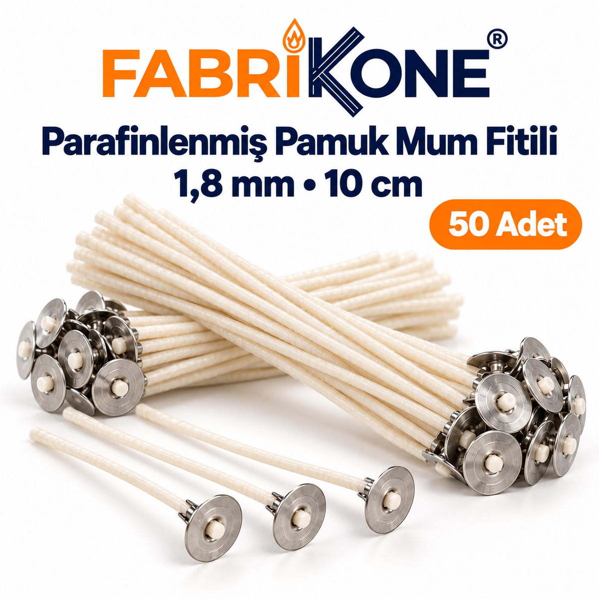 Fabrikone 1,8 mm parafinlenmiş pamuk mum fitili – 10cm 50 adet