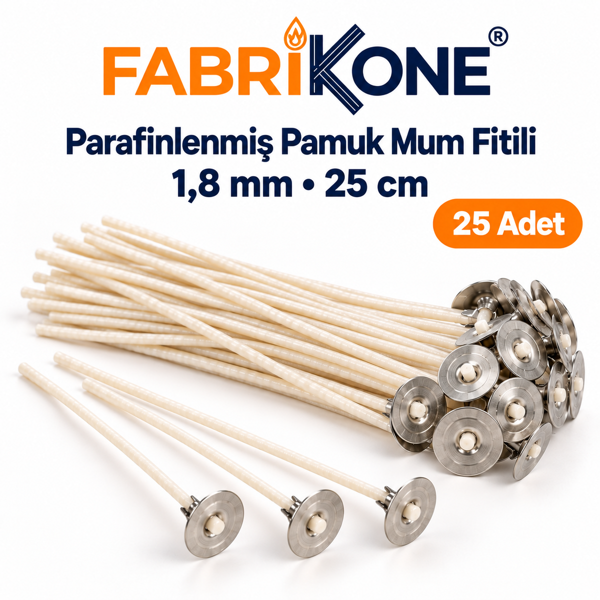 Fabrikone 1,8 mm parafinlenmiş pamuk mum fitili – 25cm 25 adet