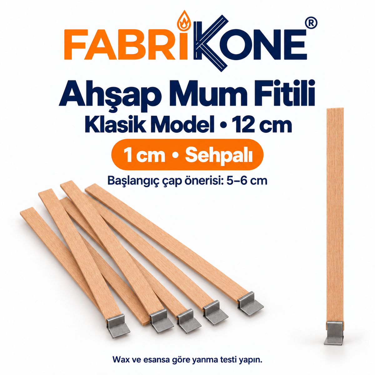 Ahşap mum fitili, klasik model, 12 cm uzunluk, 1 cm genişlik, sehpalı; başlangıç mum çap önerisi 5–6 cm