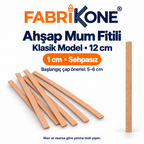 Ahşap mum fitili, klasik model, 12 cm uzunluk, 1 cm genişlik, sehpasız; başlangıç mum çap önerisi 5–6 cm