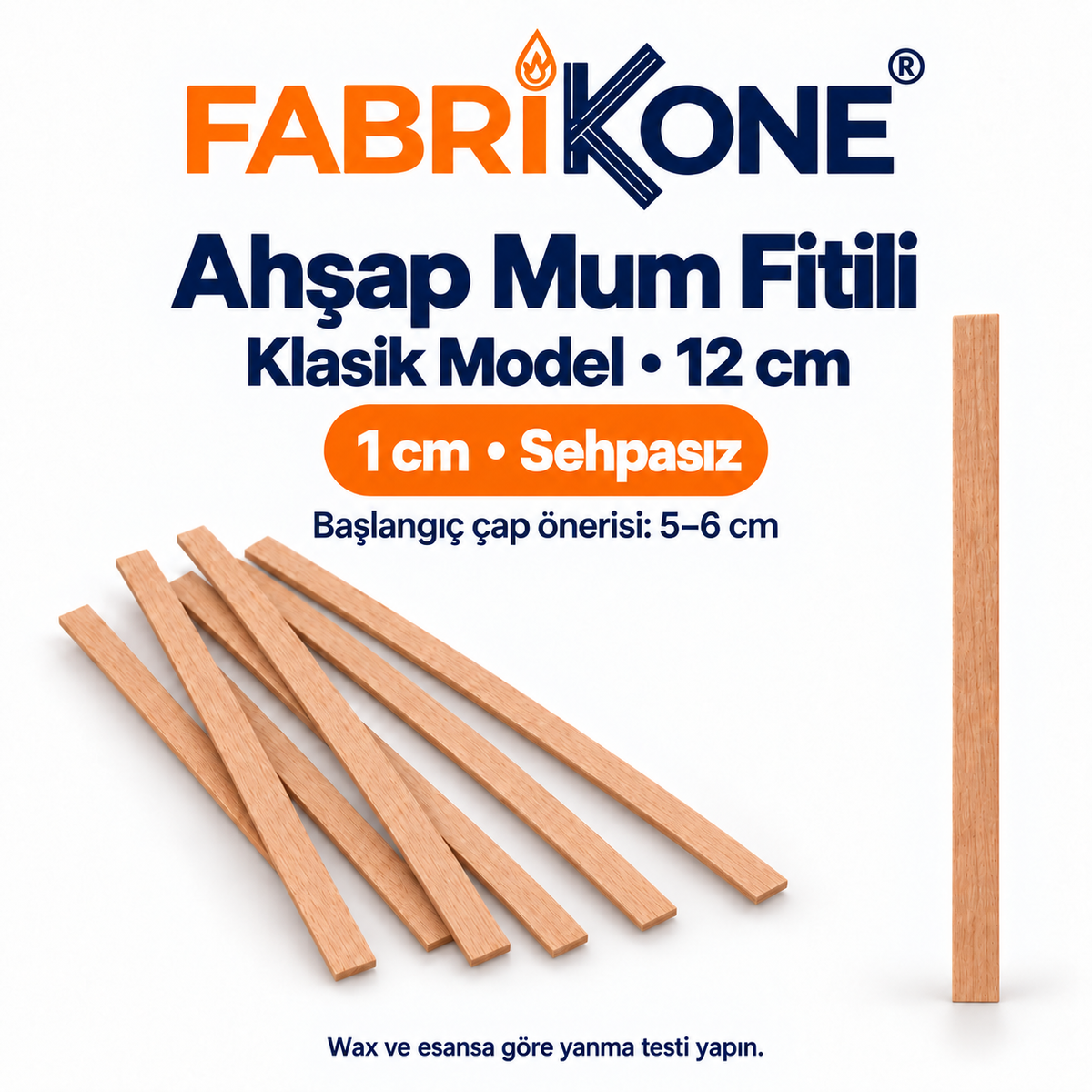 Ahşap mum fitili, klasik model, 12 cm uzunluk, 1 cm genişlik, sehpasız; başlangıç mum çap önerisi 5–6 cm