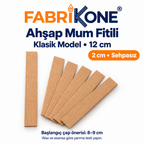 Ahşap mum fitili, klasik model, 12 cm uzunluk, 2 cm genişlik, sehpasız; başlangıç mum çap önerisi 8–9 cm