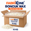Boncuk Wax 15 kg; açık karton koli, iç ambalaj ve krem-beyaz yassı soya wax taneleri.
