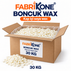 Boncuk Wax 30 kg; açık karton koli, iç ambalaj ve krem-beyaz yassı soya wax taneleri.