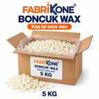 Boncuk Wax 5 kg; açık karton koli, iç ambalaj ve krem-beyaz yassı soya wax taneleri.