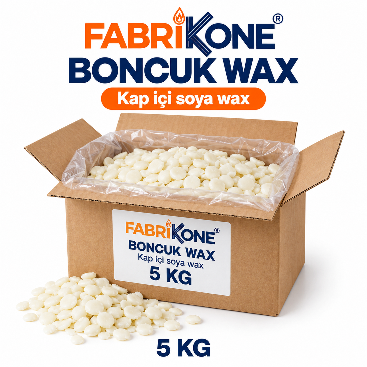 Boncuk Wax 5 kg; açık karton koli, iç ambalaj ve krem-beyaz yassı soya wax taneleri.