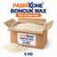 Boncuk Wax 5 kg; açık karton koli, iç ambalaj ve krem-beyaz yassı soya wax taneleri.