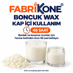 Boncuk Wax teknik bilgi: bardak ve kavanozlarda kap içi kullanım; yanma testinden önce 48 saat bekleme.