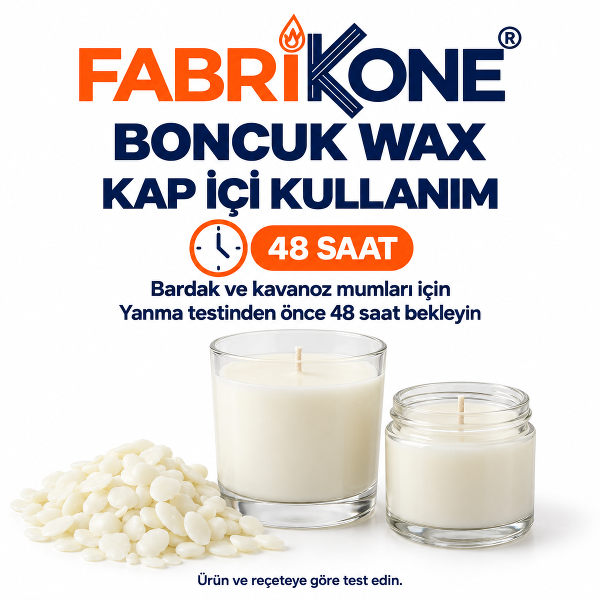 Boncuk Wax teknik bilgi: bardak ve kavanozlarda kap içi kullanım; yanma testinden önce 48 saat bekleme.