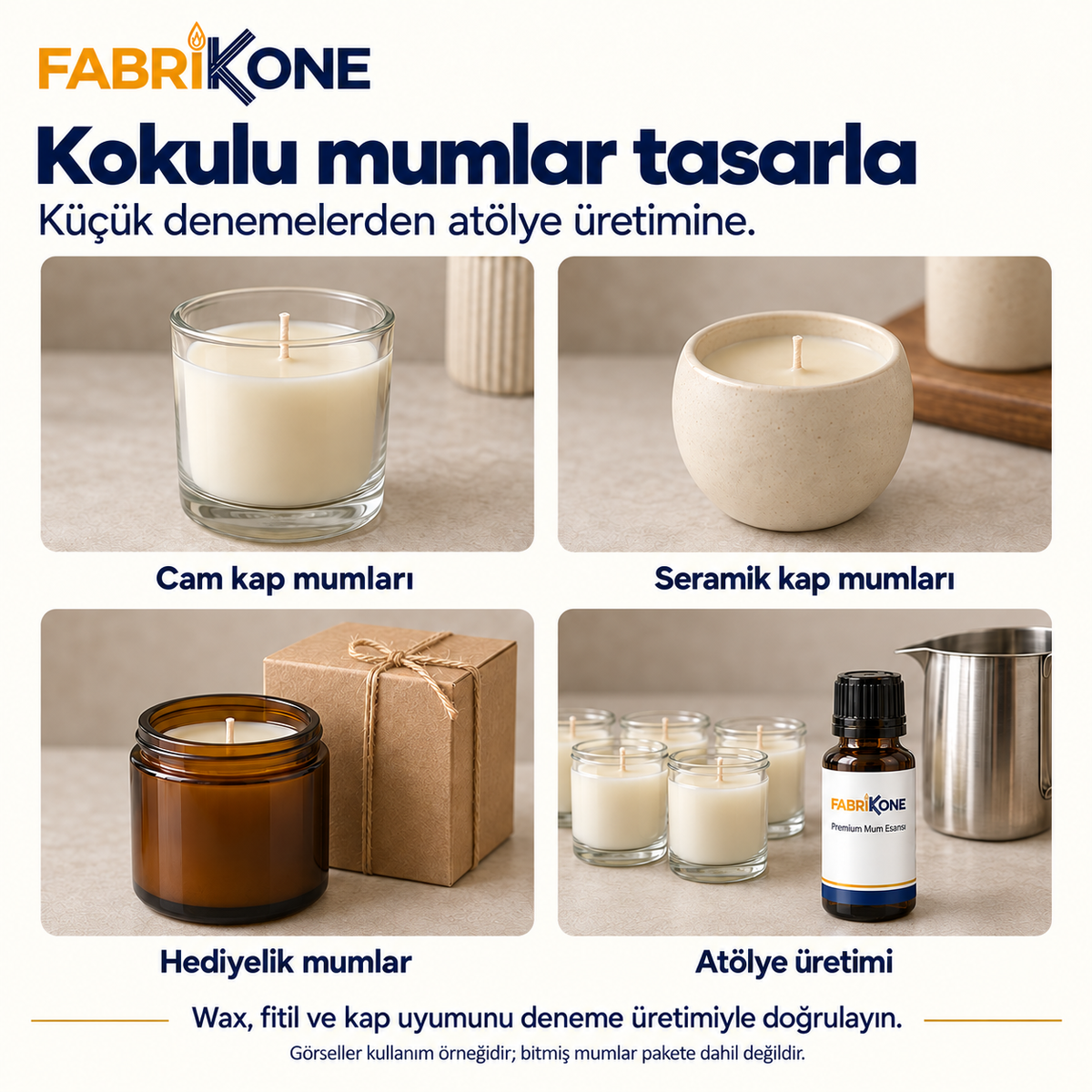 Mum esansları ile cam kap, seramik, hediyelik mum ve atölye kullanım fikirleri