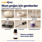 Mum esansını tamamlayan wax, fitil, mum kabı, boya, terazi ve termometre