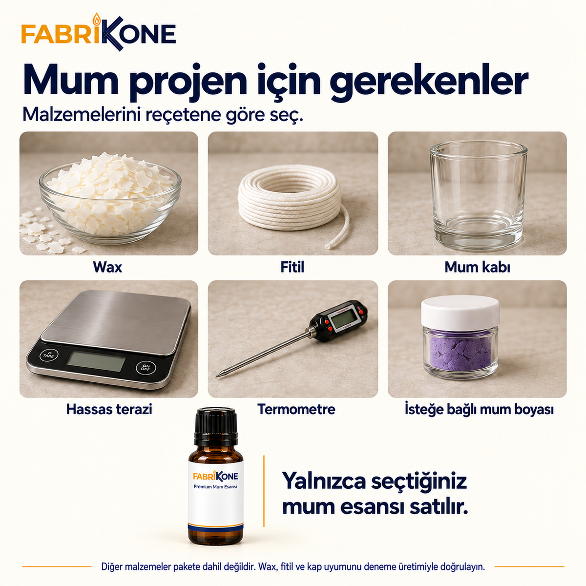Mum esansını tamamlayan wax, fitil, mum kabı, boya, terazi ve termometre
