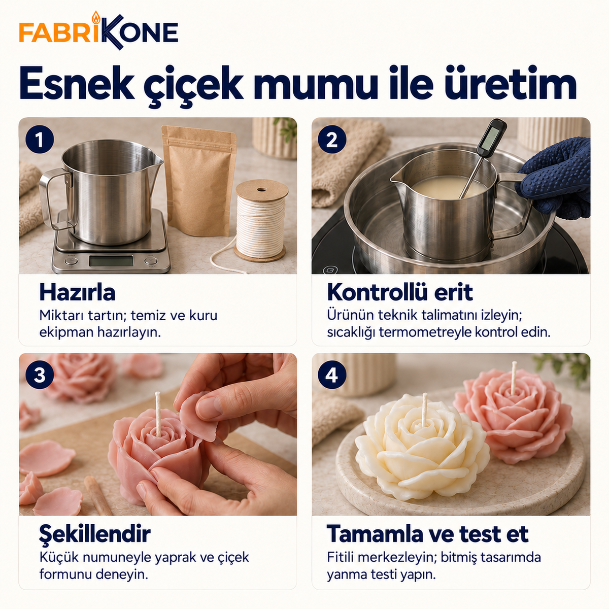 Esnek çiçek mumu hammaddesi ile örnek üretim akışı