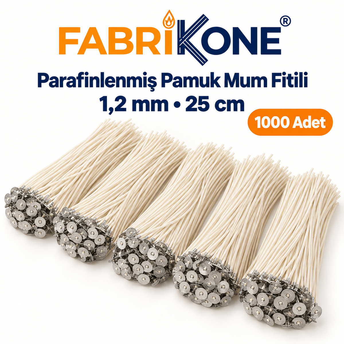 Fabrikone parafinlenmiş pamuk mum fitili 1,2 mm, 25 cm, 1000 adet