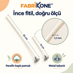 Fabrikone 1,2 mm parafin kaplı pamuk fitil: 10 cm ve 25 cm uzunluk, metal taban ve doku detayı