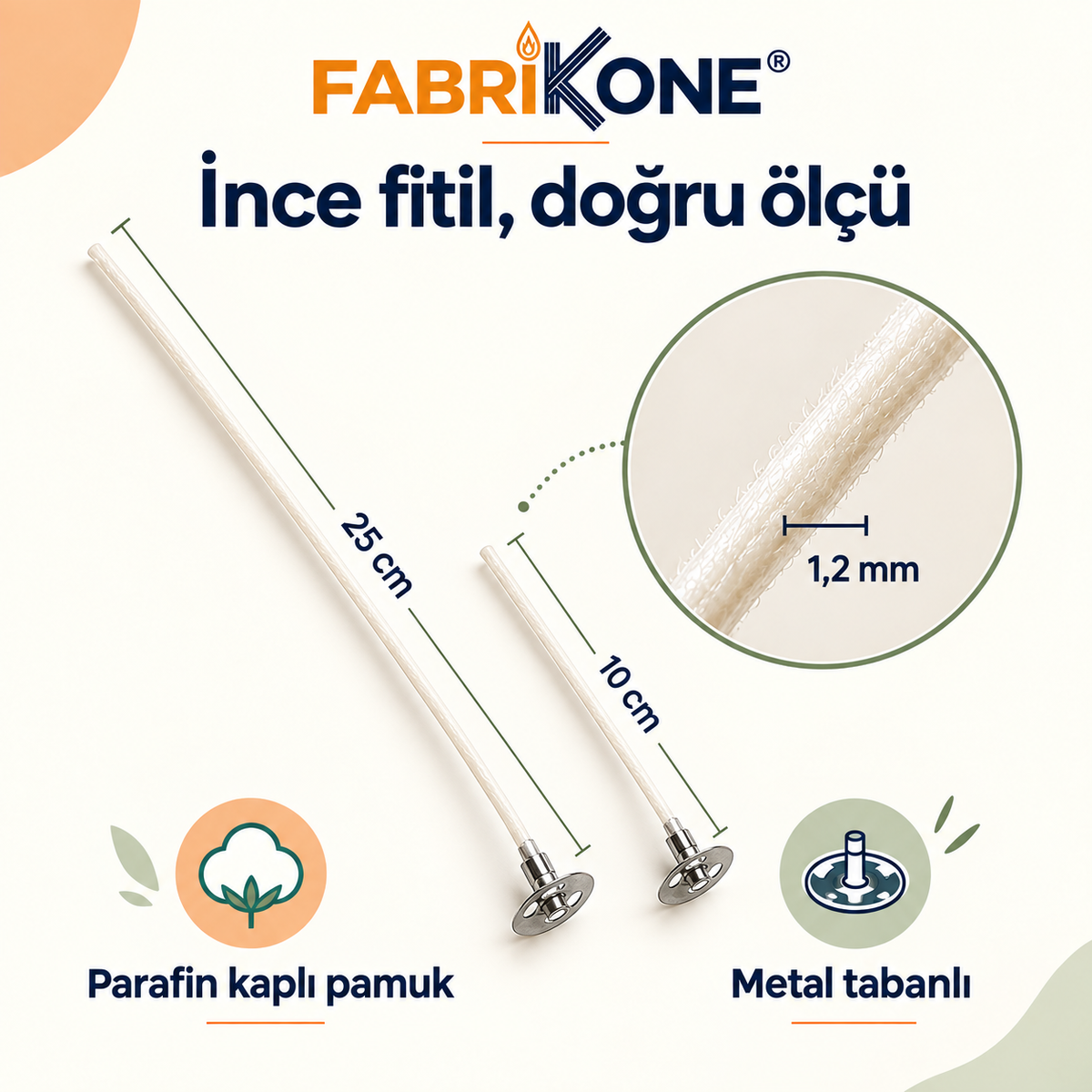 Fabrikone 1,2 mm parafin kaplı pamuk fitil: 10 cm ve 25 cm uzunluk, metal taban ve doku detayı