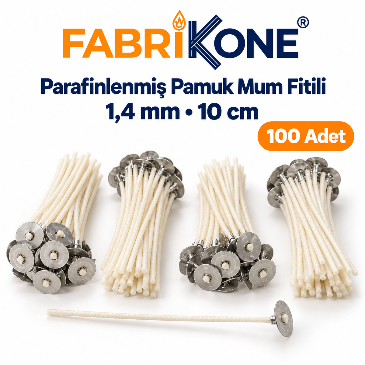 Fabrikone parafinlenmiş pamuk mum fitili 1,4 mm, 10 cm, 100 adet