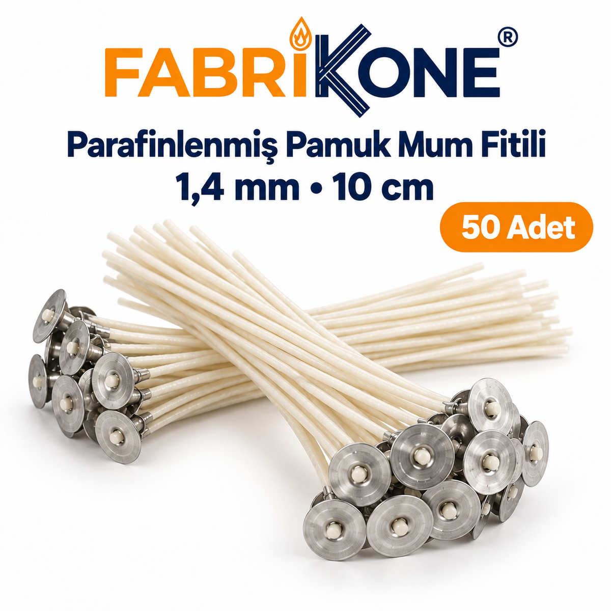 Fabrikone parafinlenmiş pamuk mum fitili 1,4 mm, 10 cm, 50 adet