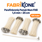 Fabrikone parafinlenmiş pamuk mum fitili 1,4 mm, 25 cm, 100 adet