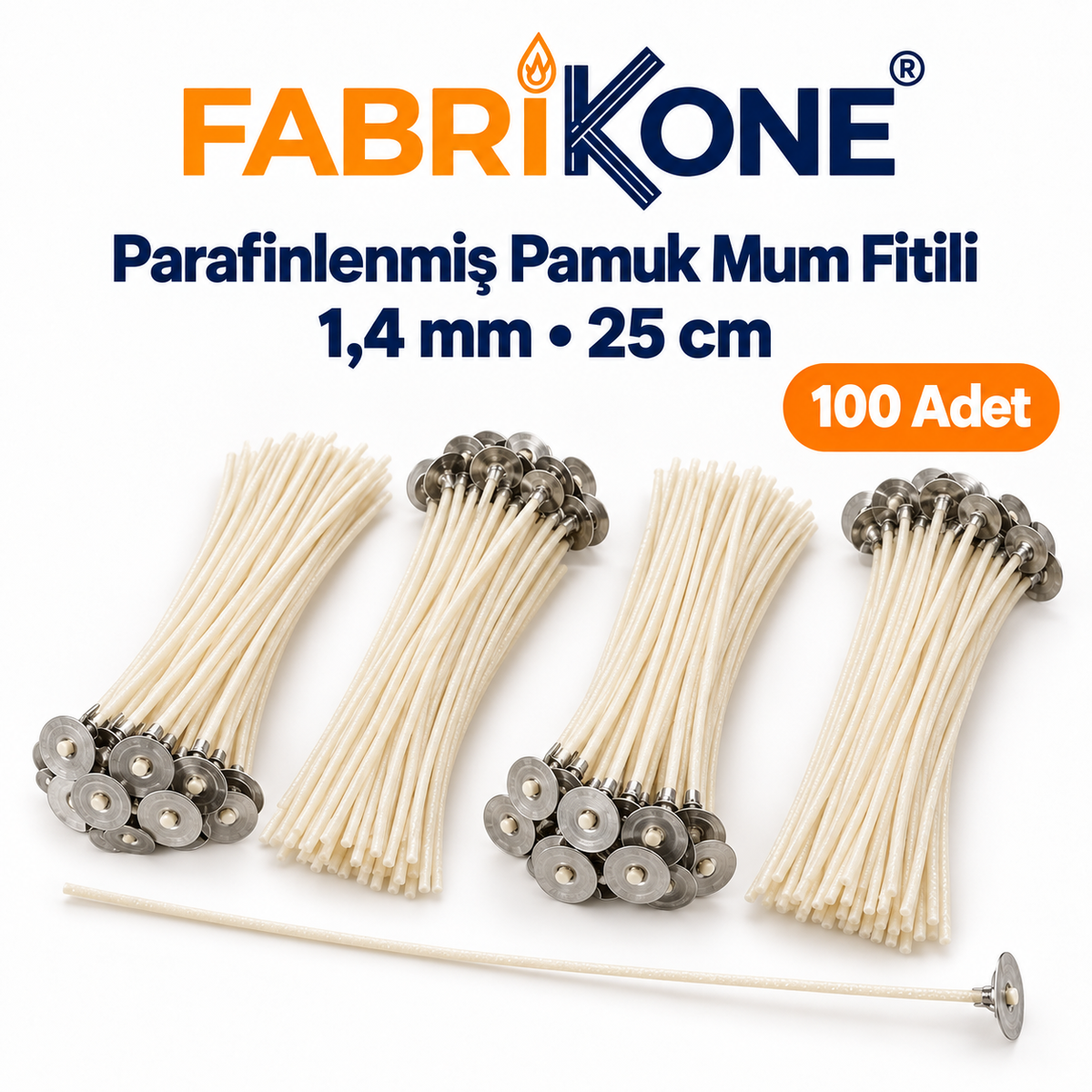 Fabrikone parafinlenmiş pamuk mum fitili 1,4 mm, 25 cm, 100 adet