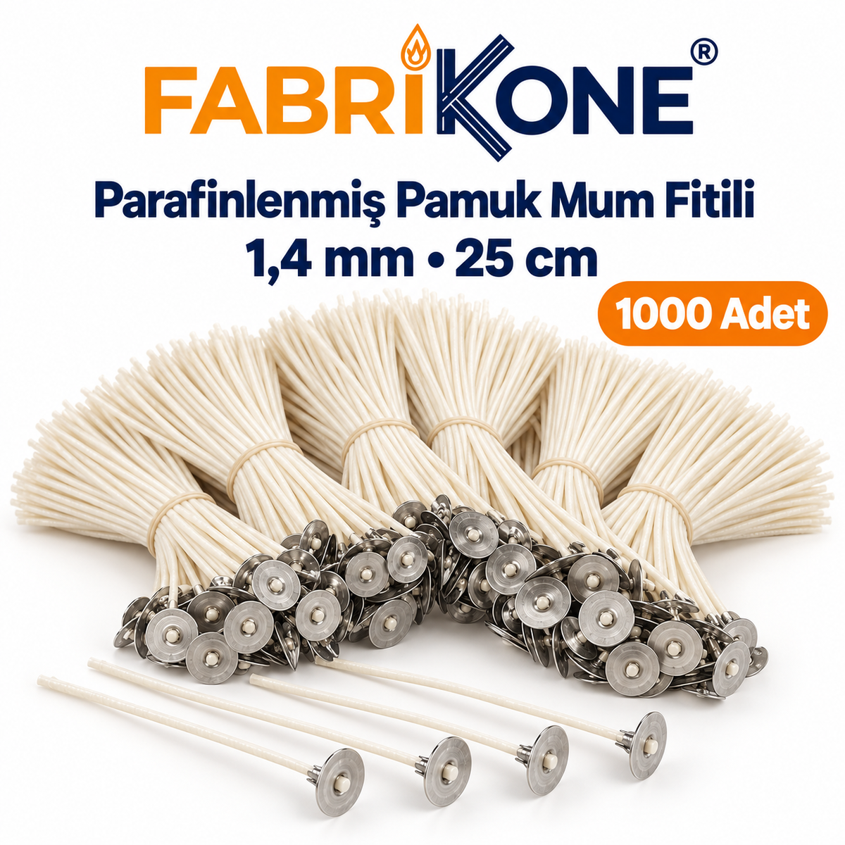 Fabrikone parafinlenmiş pamuk mum fitili 1,4 mm, 25 cm, 1000 adet