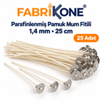 Fabrikone parafinlenmiş pamuk mum fitili 1,4 mm, 25 cm, 25 adet