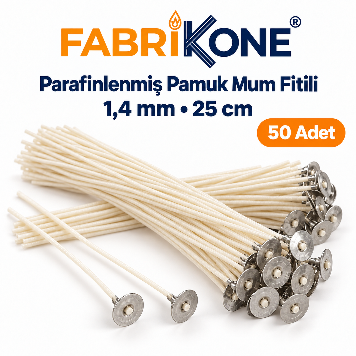 Fabrikone parafinlenmiş pamuk mum fitili 1,4 mm, 25 cm, 50 adet