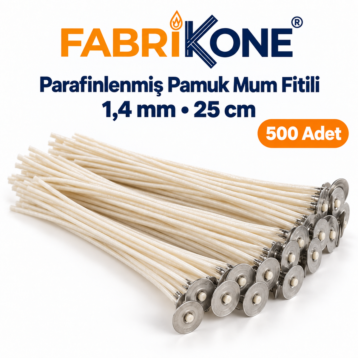Fabrikone parafinlenmiş pamuk mum fitili 1,4 mm, 25 cm, 500 adet