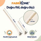 Fabrikone 1,4 mm pamuk mum fitili: 10 ve 25 cm uzunluk, parafin kaplı doku ve metal taban