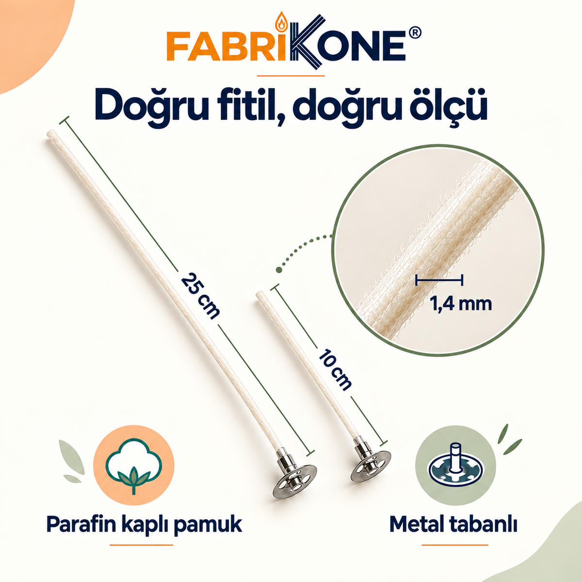 Fabrikone 1,4 mm pamuk mum fitili: 10 ve 25 cm uzunluk, parafin kaplı doku ve metal taban