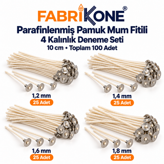Parafinlenmiş Pamuk Mum Fitili Deneme Seti – 10 cm | 4 Kalınlık, 100 Adet