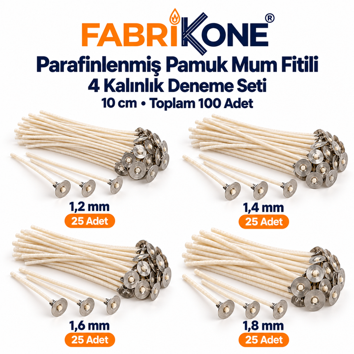 Parafinlenmiş Pamuk Mum Fitili Deneme Seti – 10 cm | 4 Kalınlık, 100 Adet