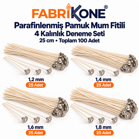 Parafinlenmiş Pamuk Mum Fitili Deneme Seti – 25 cm | 4 Kalınlık, 100 Adet