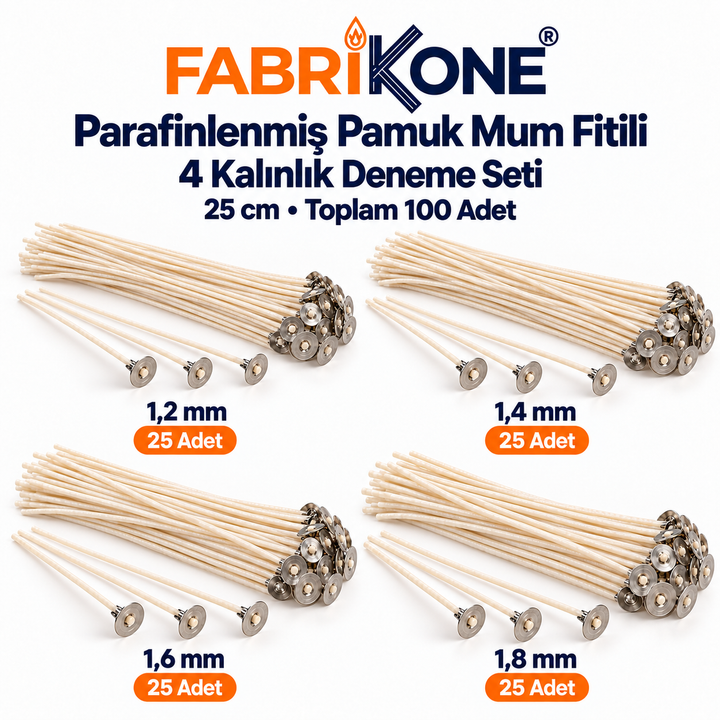 Parafinlenmiş Pamuk Mum Fitili Deneme Seti – 25 cm | 4 Kalınlık, 100 Adet