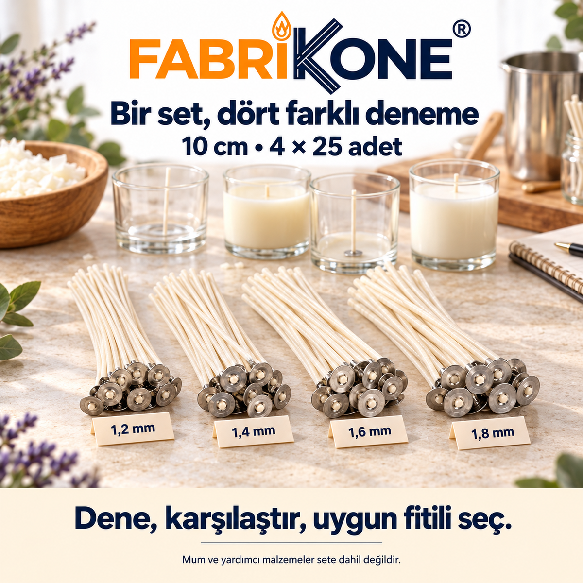 Fabrikone 100 adetlik fitil deneme seti: dört kalınlıkla mum deneme çalışması