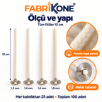 Fabrikone 10 cm fitil seti ölçü detayı: parafin kaplı pamuk ve metal taban