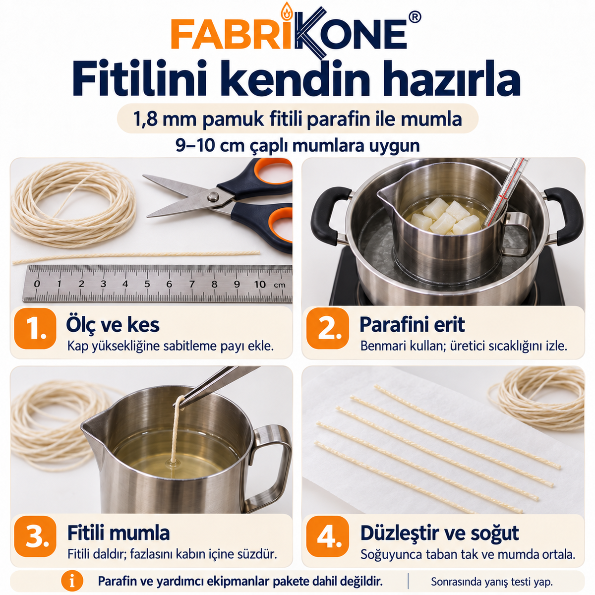 Fabrikone 1,8 mm pamuk fitili parafinle mumlama rehberi; 9–10 cm çaplı mumlara uygun