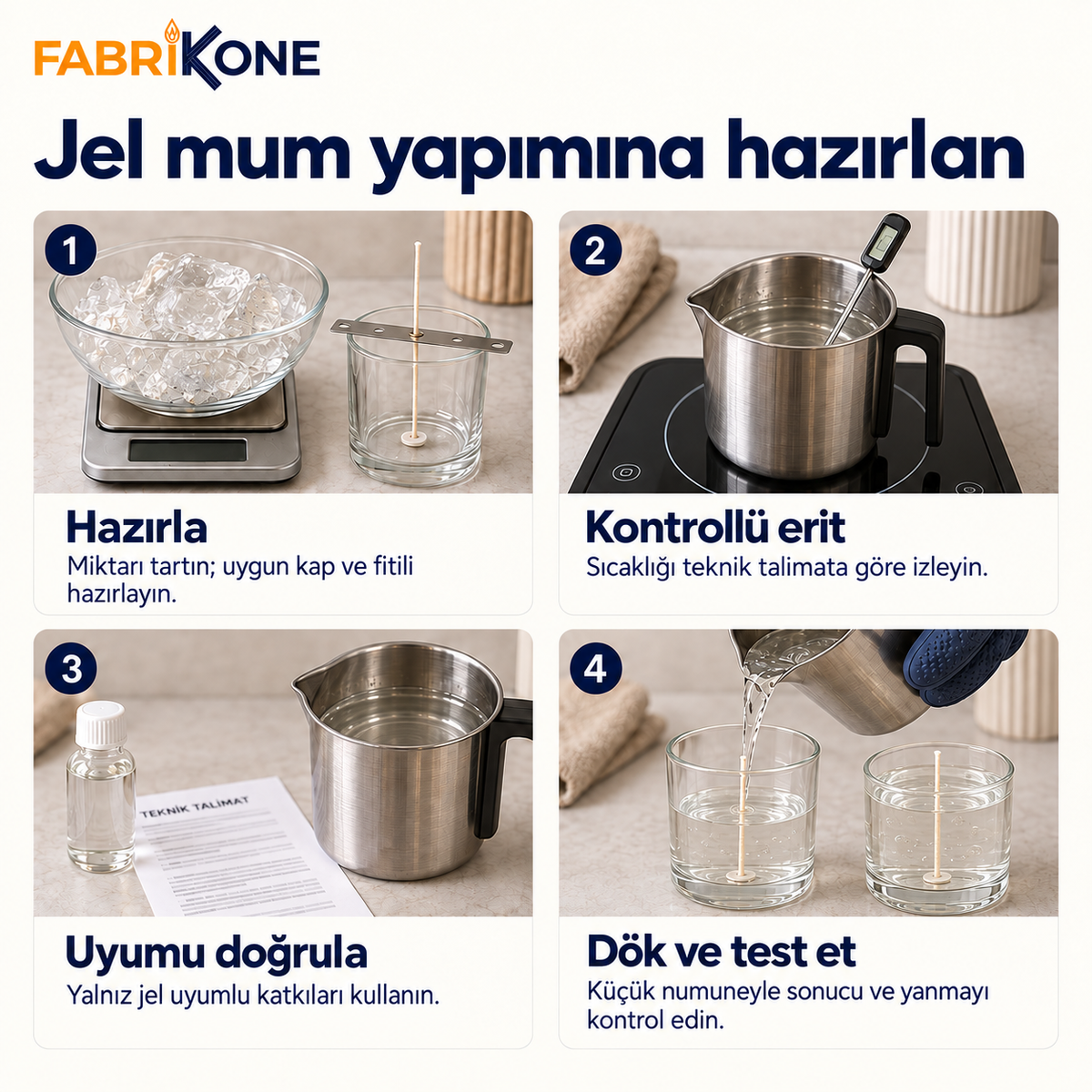 Jel mum hazırlama, kontrollü eritme, katkı uyumu ve deneme adımları
