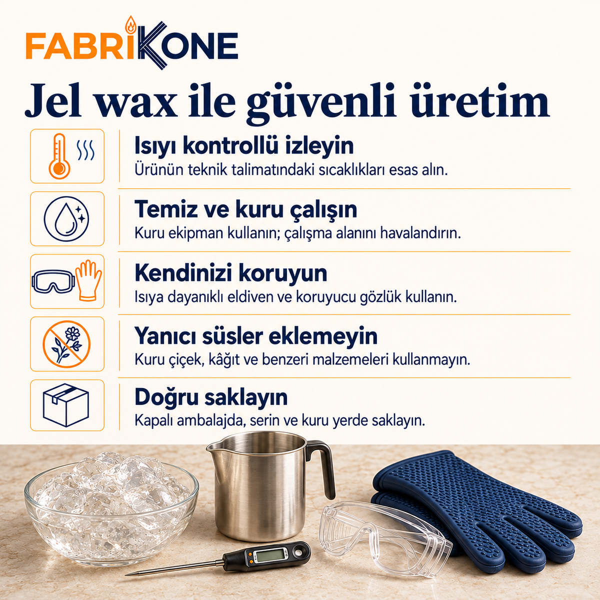 Jel wax için kontrollü ısıtma, koruyucu ekipman ve saklama bilgileri