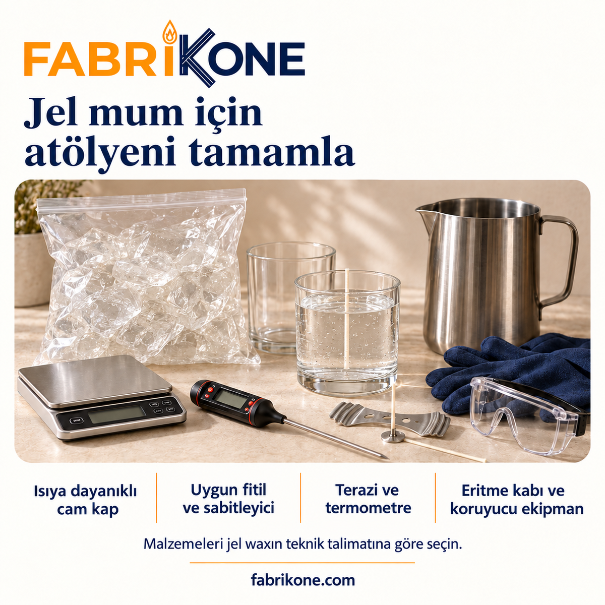 Jel mum yapımı için cam kap, fitil, terazi, termometre ve eritme kabı